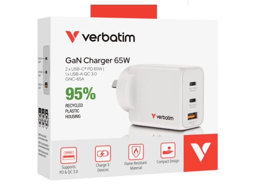 **ON SPECIAL** Verbatim 3 Port 65 Watt Portable GaN charger, 2 x USB-C PD 65w, 1x USB-A QC 3.0, GNC-65A Compact Design Apple, Android, Samsung, Google
